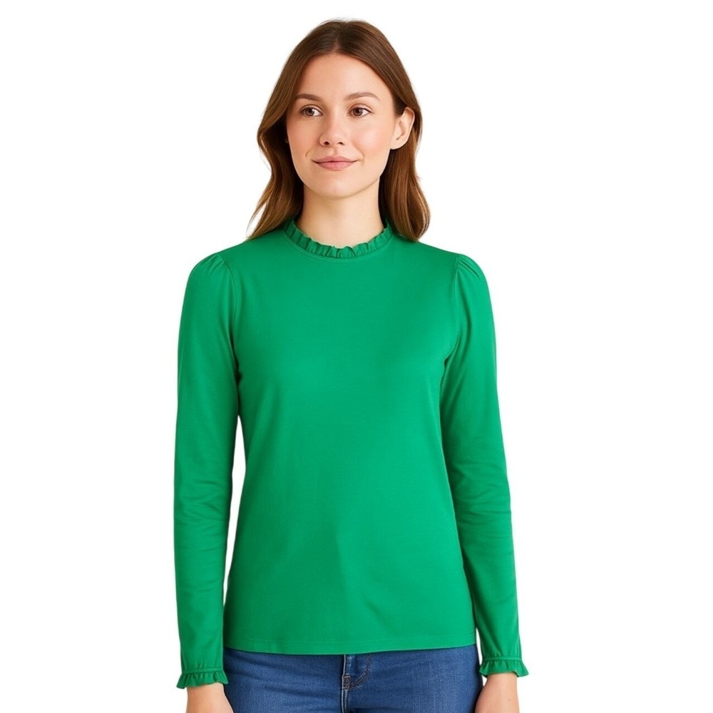 Boden Green Long‎ Sleeve Ruffle Neck Keyhole Button Back Top Size US 8